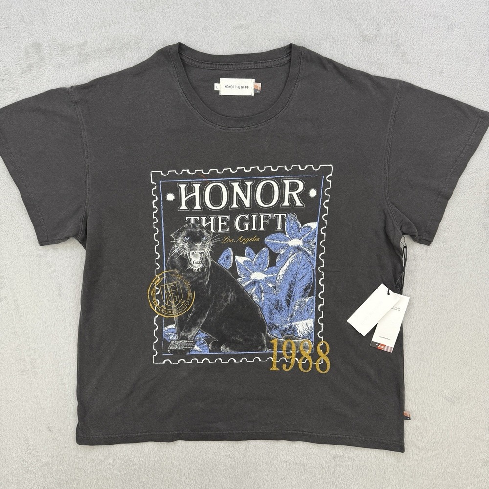 Honor The Gift 1988 Stamp Graphic T Shirt Womens Large Black Cotton Tee